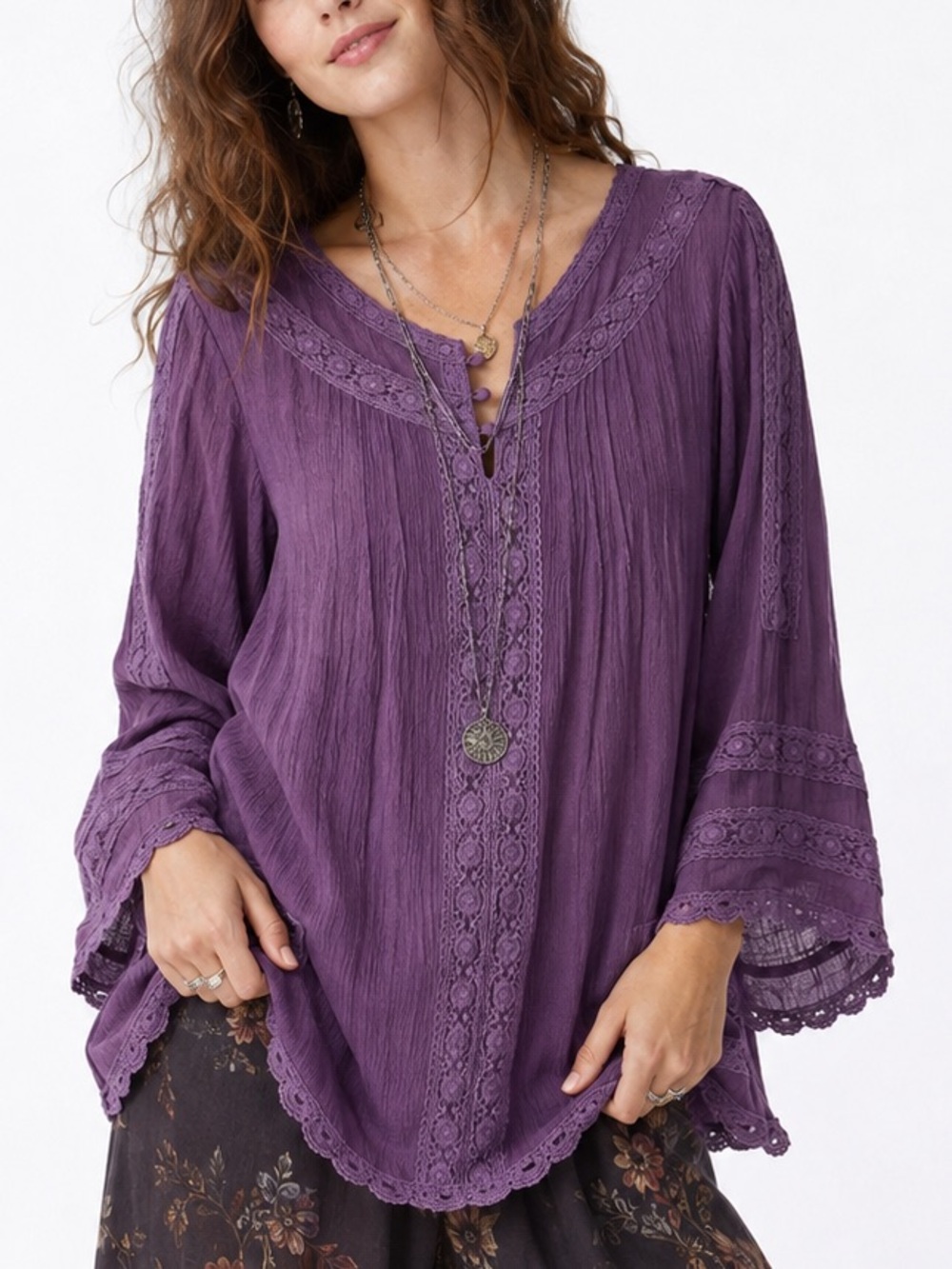 Solitaire Purple Lace Gauze Bohemian Tunic Blouse Large Dark Romantic Whimsigoth